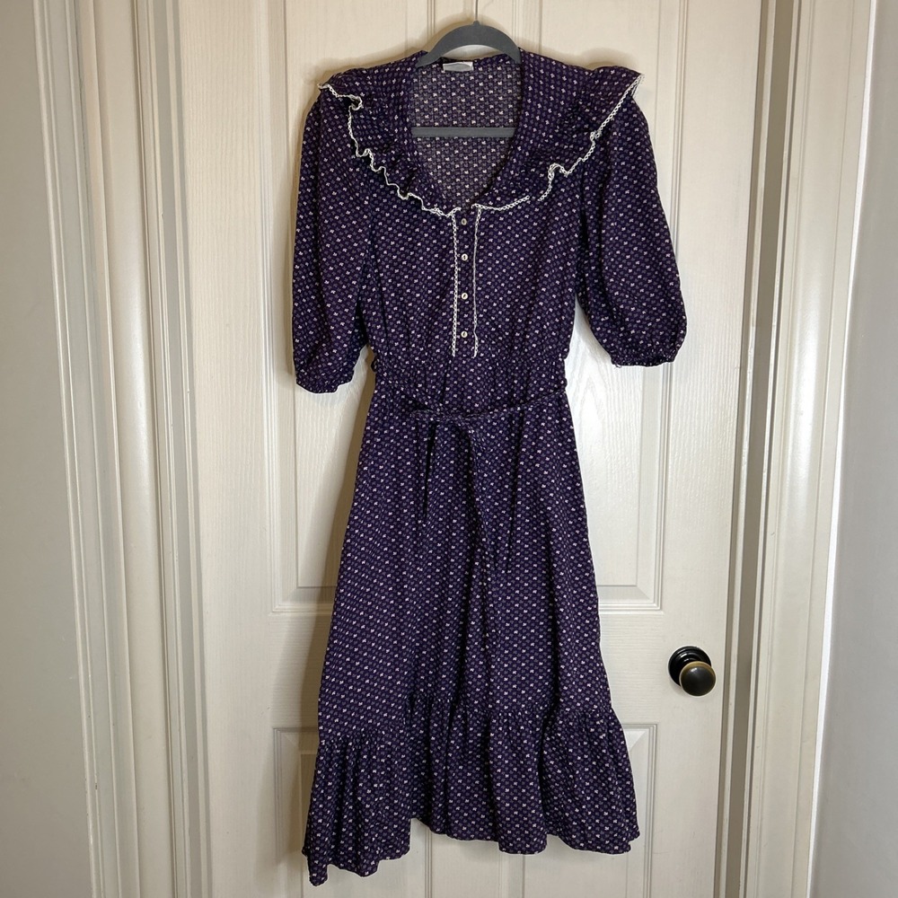 Vtg 70s/80s Cottagecore Midi Collared Dress M? Puff Sleeve Little House Prairie